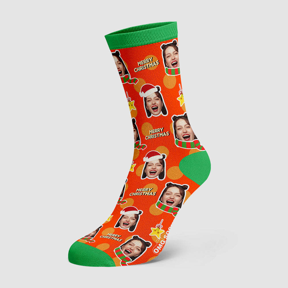 Merry Christmas Socks Custom Scarf And Christmas Hat Face socks - PhotoBoxer