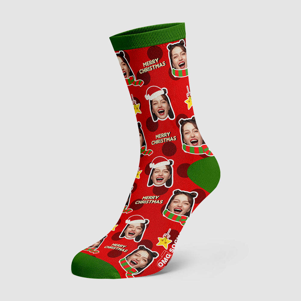 Merry Christmas Socks Custom Scarf And Christmas Hat Face socks - PhotoBoxer