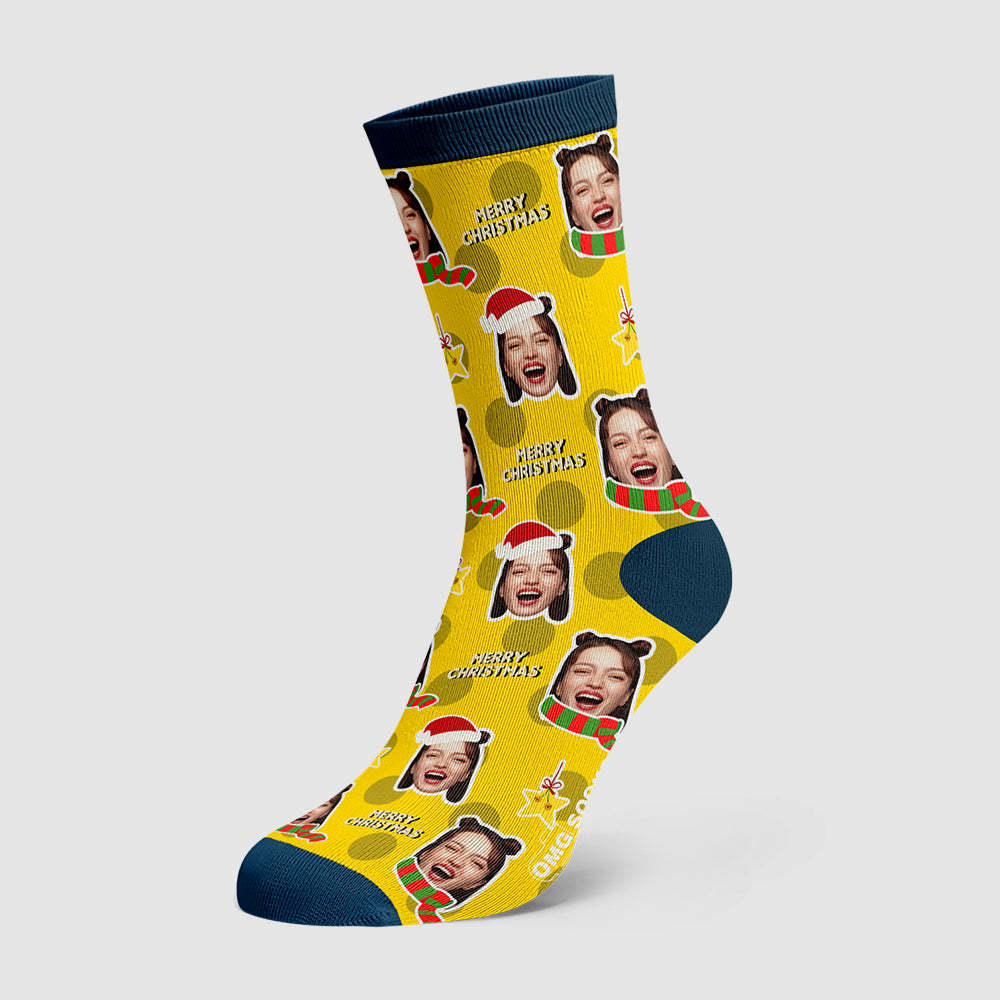 Merry Christmas Socks Custom Scarf And Christmas Hat Face socks - PhotoBoxer