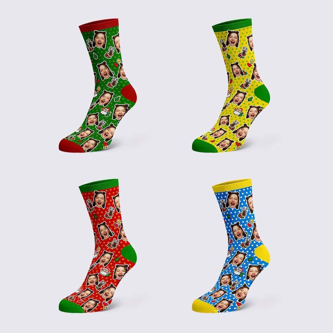 Custom Christmas Socks Dog Face Dots Photo Socks - PhotoBoxer