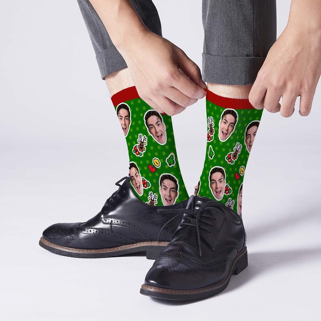 Custom Christmas Socks Dog Face Dots Photo Socks - PhotoBoxer
