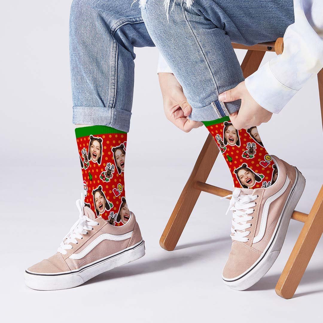 Custom Christmas Socks Dog Face Dots Photo Socks - PhotoBoxer