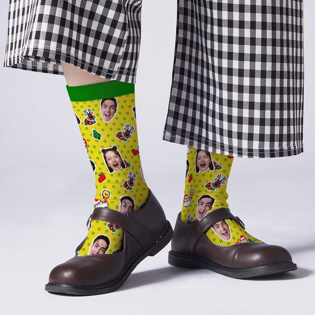 Custom Christmas Socks Dog Face Dots Photo Socks - PhotoBoxer