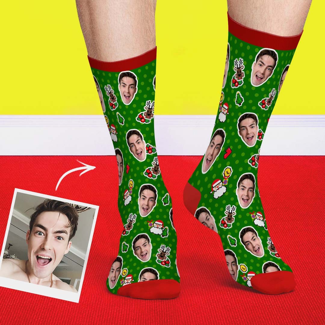 Custom Christmas Socks Dog Face Dots Photo Socks - PhotoBoxer