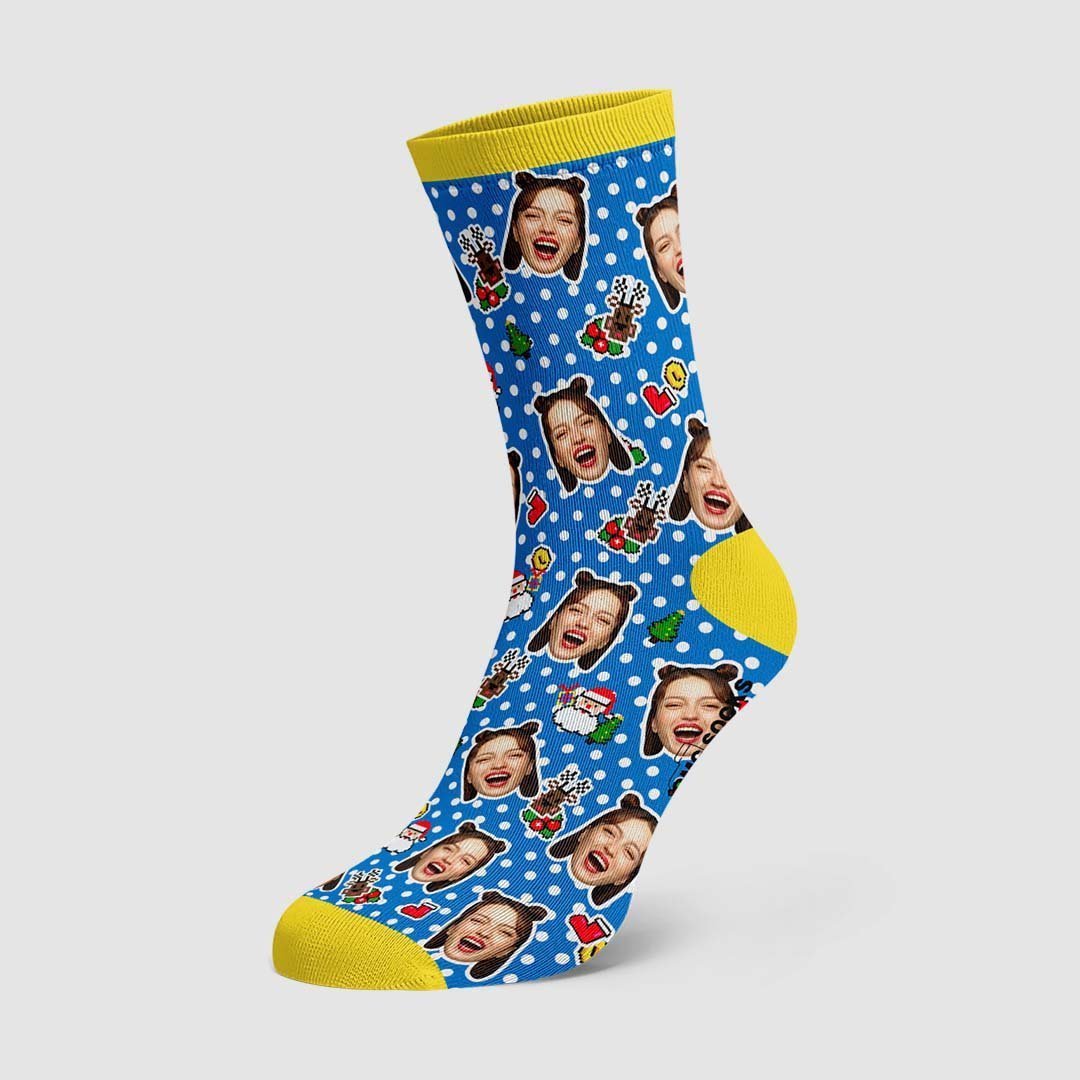 Custom Christmas Socks Dog Face Dots Photo Socks - PhotoBoxer