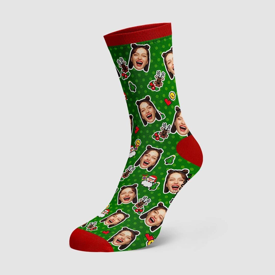 Custom Christmas Socks Dog Face Dots Photo Socks - PhotoBoxer