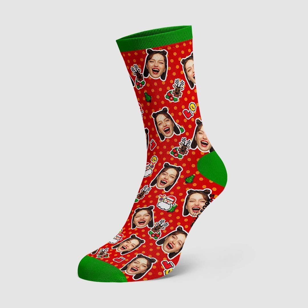 Custom Christmas Socks Dog Face Dots Photo Socks - PhotoBoxer