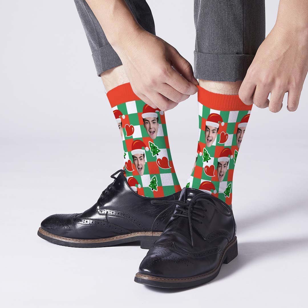 Custom Santa Hats Face Socks Heart Plaid - PhotoBoxer