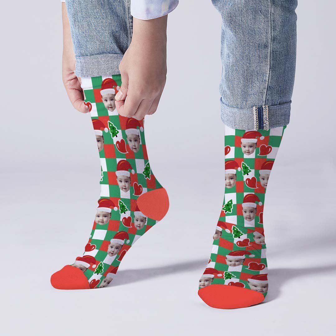 Custom Santa Hats Face Socks Heart Plaid - PhotoBoxer