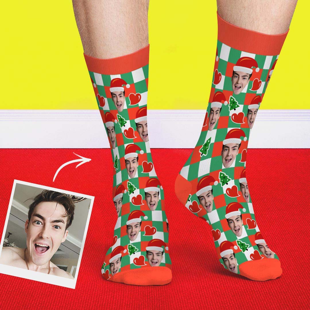 Custom Santa Hats Face Socks Heart Plaid - PhotoBoxer