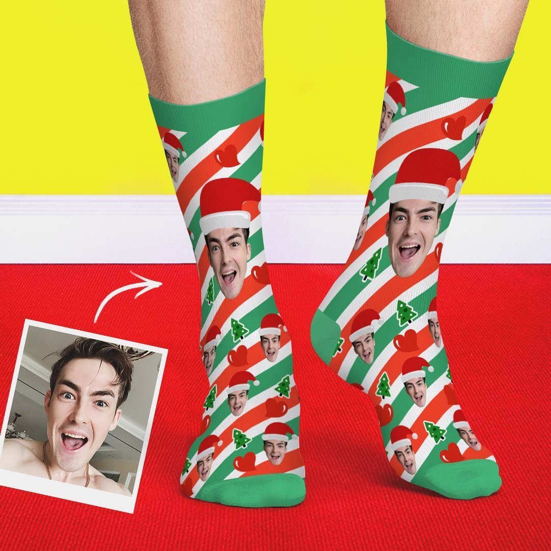 Custom Santa Hats Face Socks Heart Diagonal stripes - PhotoBoxer