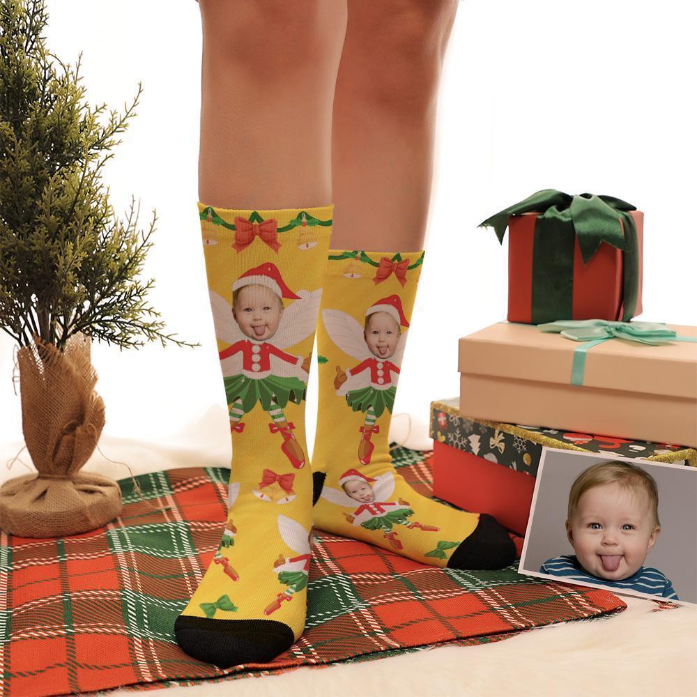 Personalized Face Elf Socks Christmas Gift Bowknot - PhotoBoxer