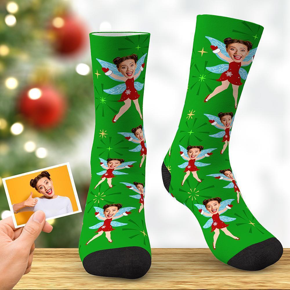 Custom Photo Christmas Gift Elf Socks With Wings - PhotoBoxer