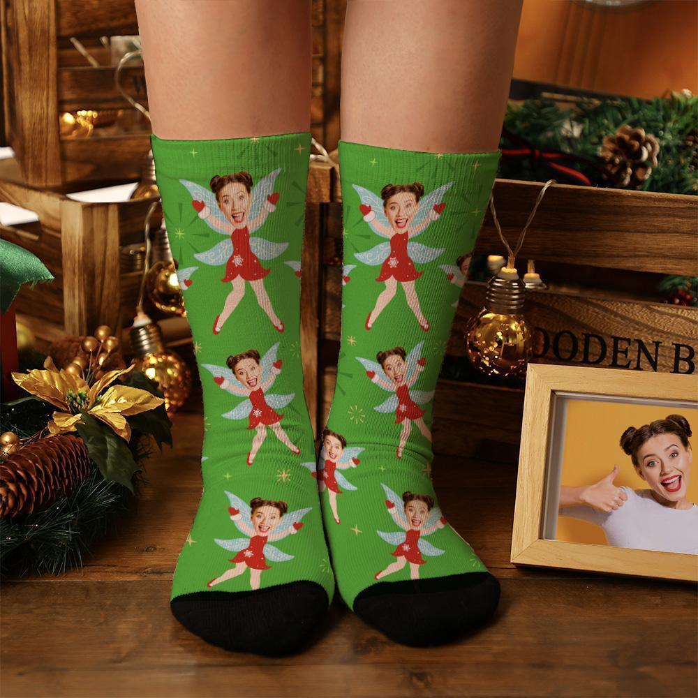 Custom Photo Christmas Gift Elf Socks With Wings - PhotoBoxer
