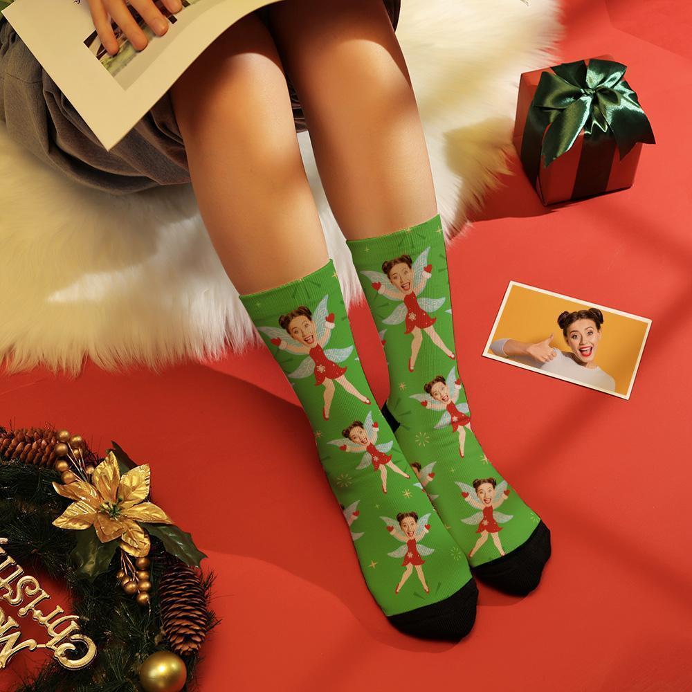 Custom Photo Christmas Gift Elf Socks With Wings - PhotoBoxer