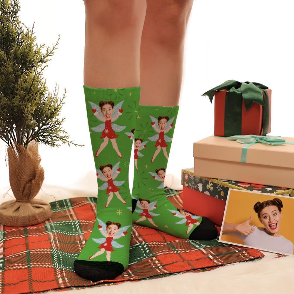 Custom Photo Christmas Gift Elf Socks With Wings - PhotoBoxer