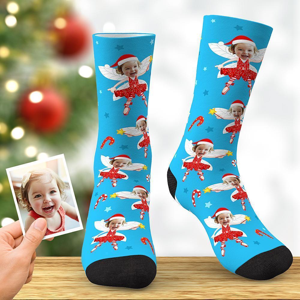 Personalized Photo Blue Elf Socks With Stars - PhotoBoxer