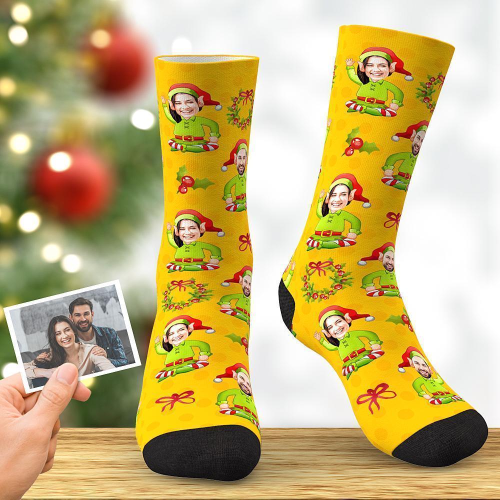 Custom Photo Bowknot Yellow Elf Socks Christmas Gift - PhotoBoxer