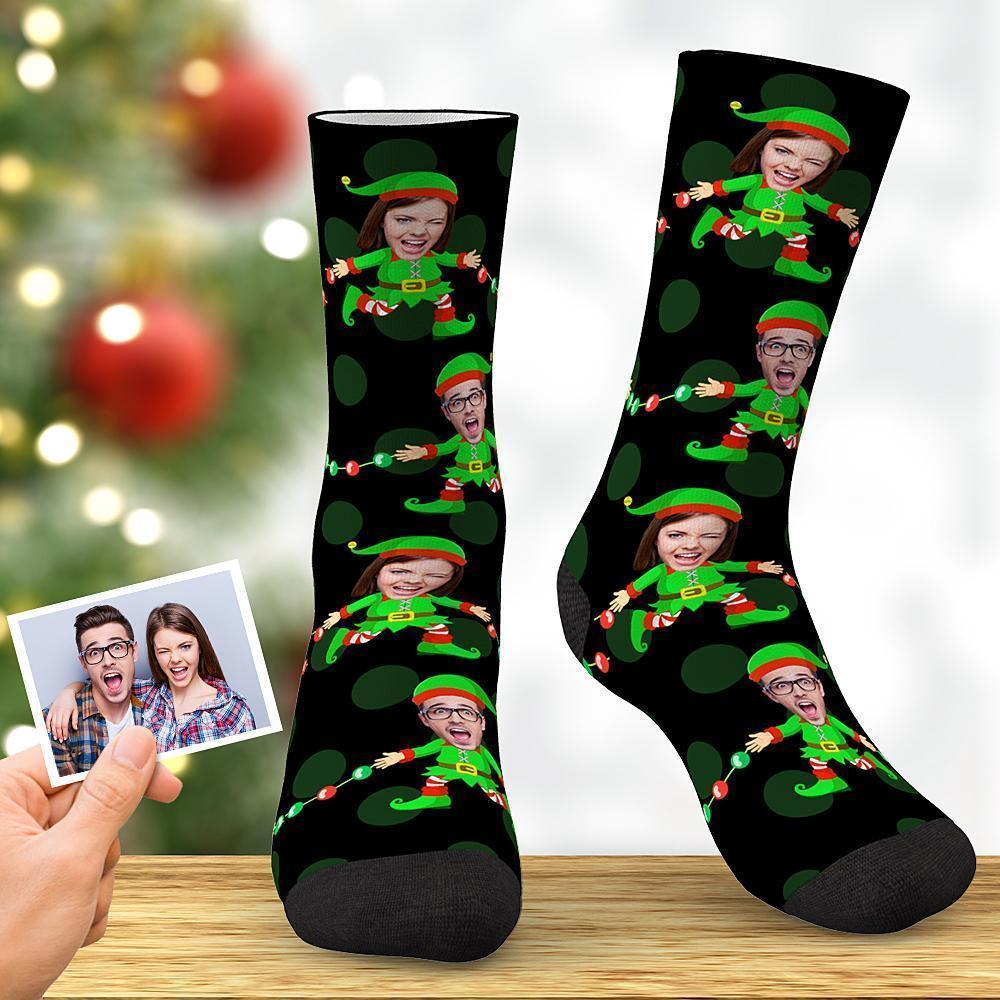 Custom Photo Funny Couple Elf Socks Black Best Gift - PhotoBoxer