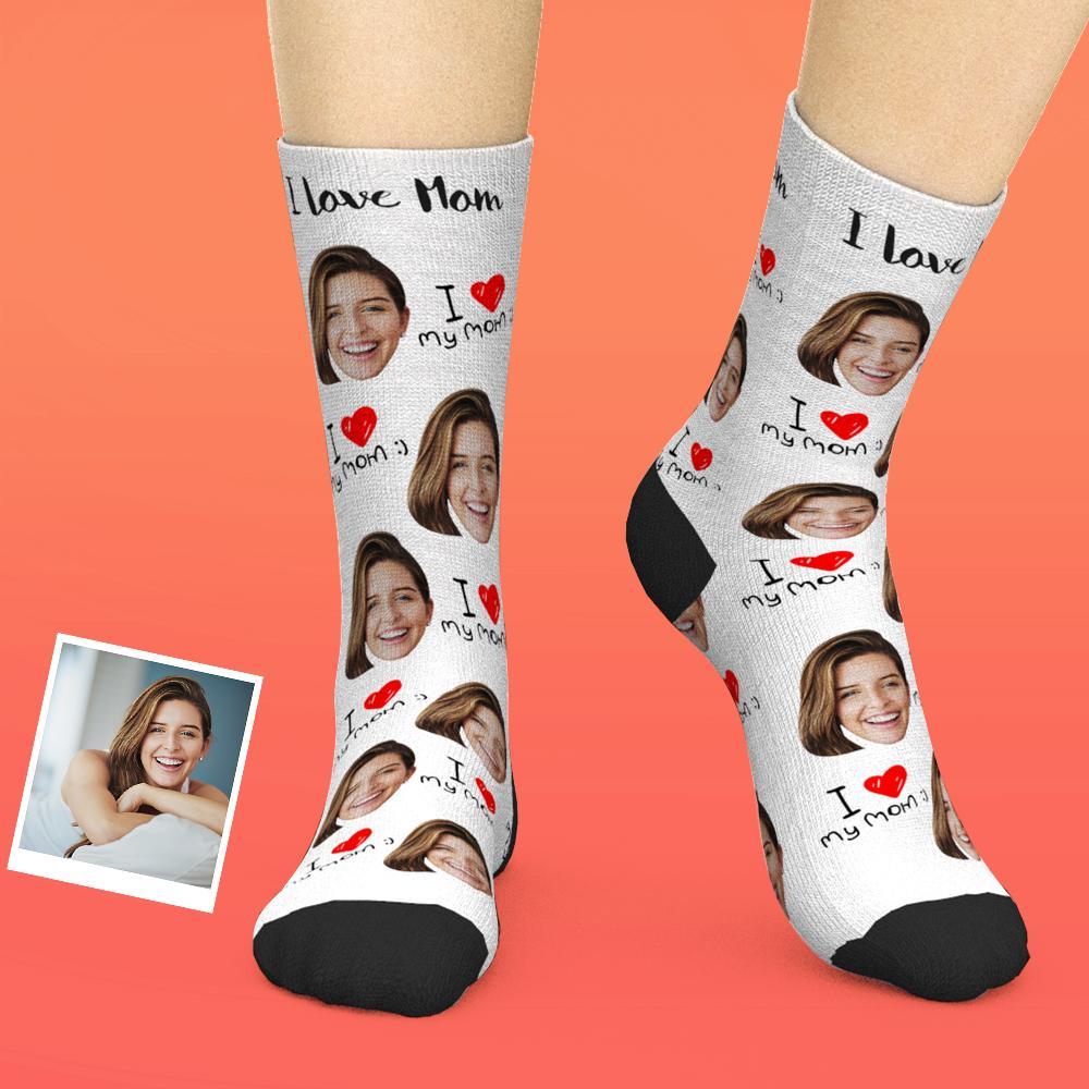 Custom Face Socks Add Pictures And Name Mother's Day Gift - I Love My Mom - PhotoBoxer