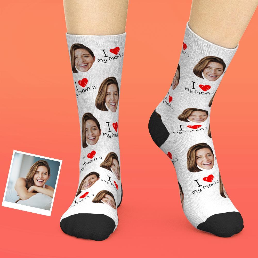 Custom Face Socks Add Pictures And Name Mother's Day Gift - I Love My Mom - PhotoBoxer