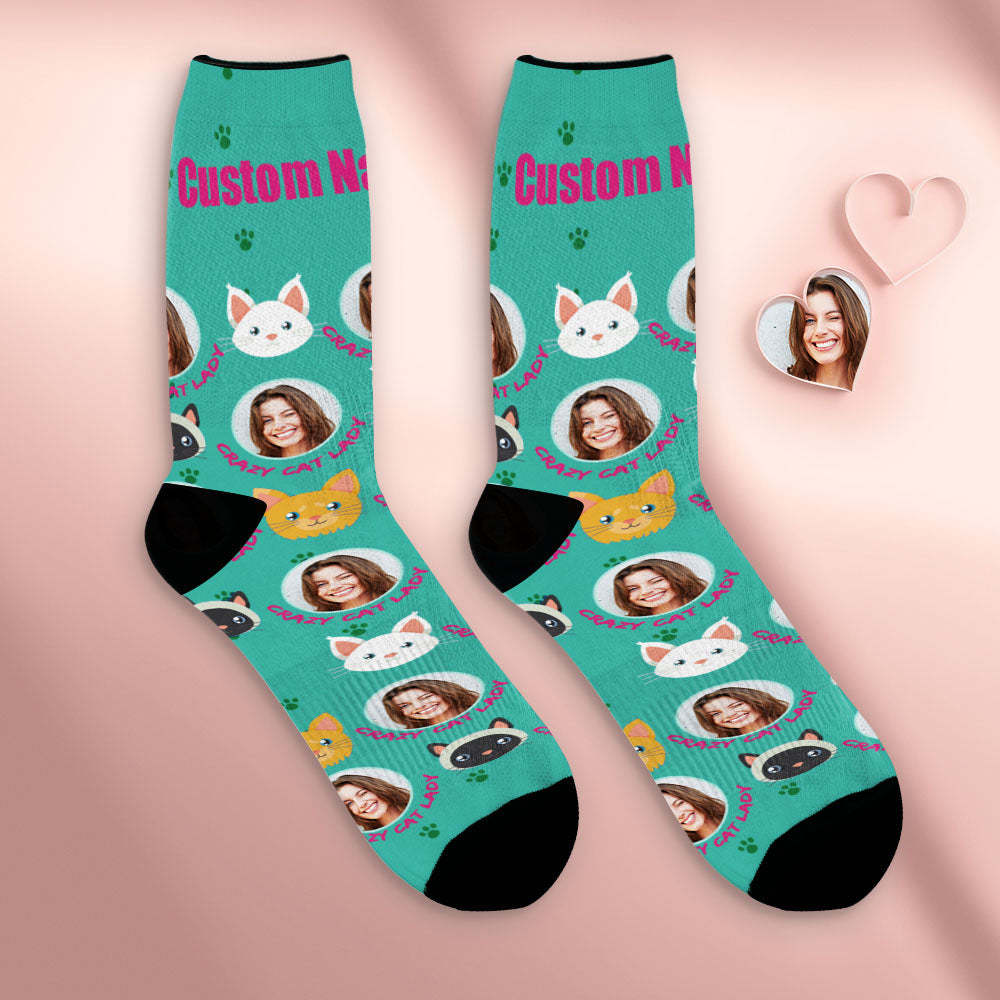 Custom Breathable Face Socks Personalized Soft Socks Mother's Day Gifts Crazy Cat Lady - PhotoBoxer