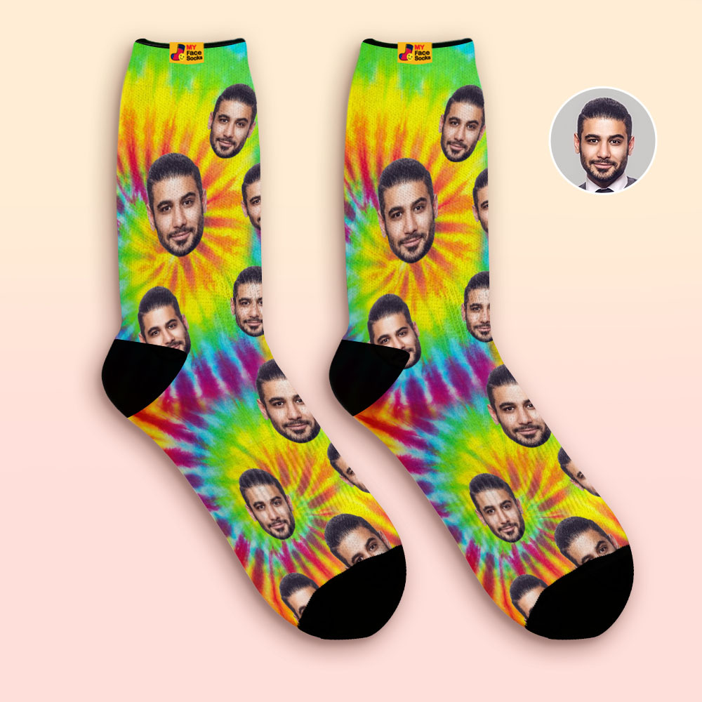 Custom Tie Dye Style Breathable Face Socks Personalized Soft Socks Gifts - PhotoBoxer