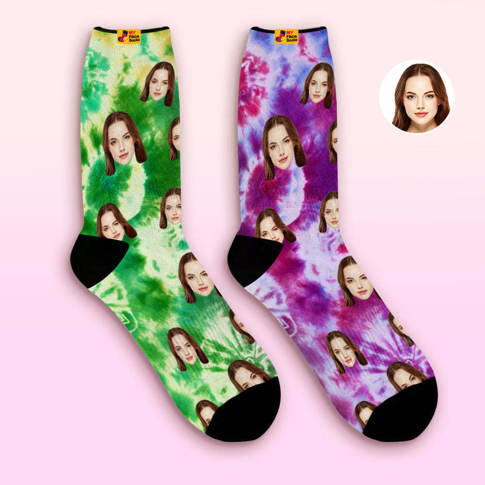 Custom Mismatched Couple Socks Tie Dye Style Breathable Face Socks Personalized Soft Socks Gifts - PhotoBoxer
