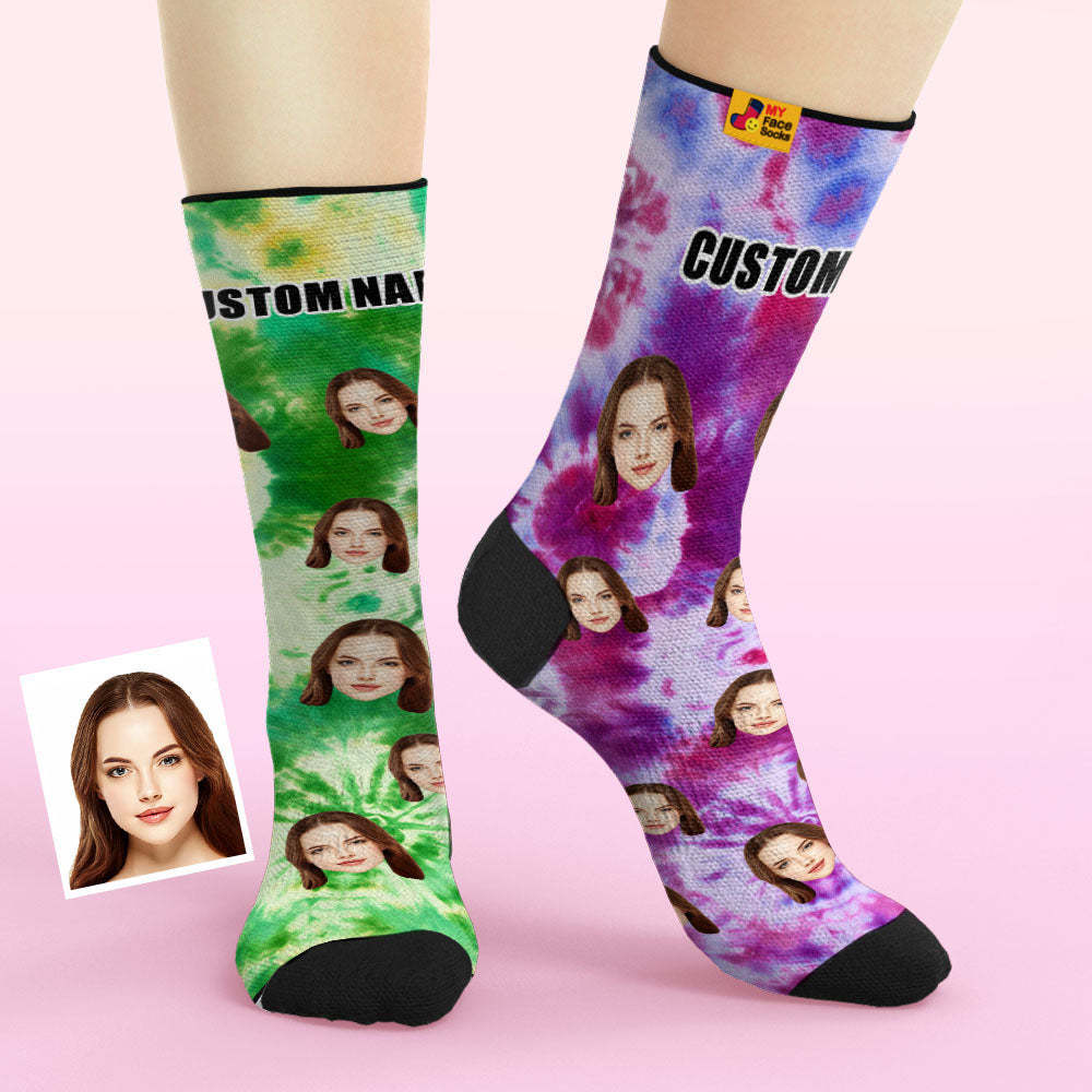 Custom Mismatched Couple Socks Tie Dye Style Breathable Face Socks Personalized Soft Socks Gifts - PhotoBoxer