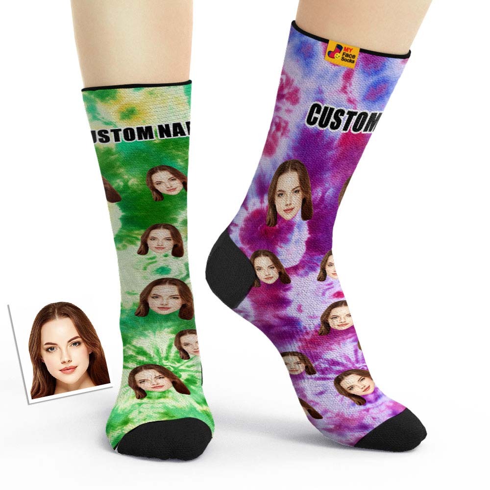 Custom Mismatched Couple Socks Tie Dye Style Breathable Face Socks Personalized Soft Socks Gifts - PhotoBoxer