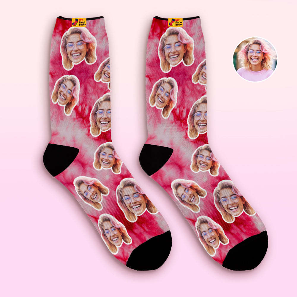 Custom Tie Dye Style Breathable Face Socks Personalized Soft Socks Gifts Red Color - PhotoBoxer