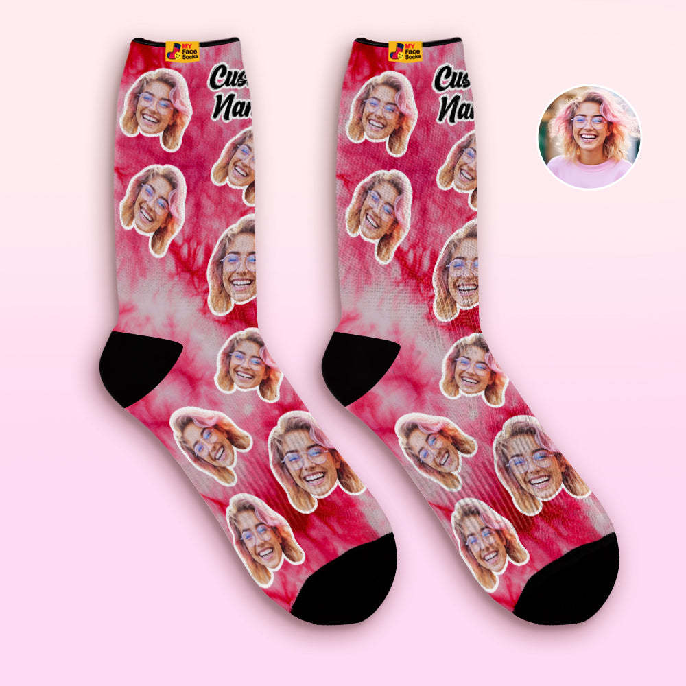Custom Tie Dye Style Breathable Face Socks Personalized Soft Socks Gifts Red Color - PhotoBoxer