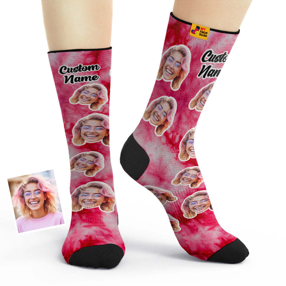 Custom Tie Dye Style Breathable Face Socks Personalized Soft Socks Gifts Red Color - PhotoBoxer