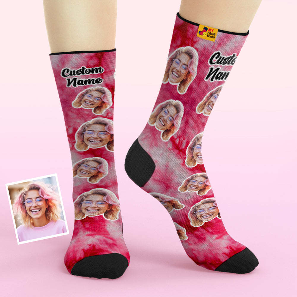 Custom Tie Dye Style Breathable Face Socks Personalized Soft Socks Gifts Red Color - PhotoBoxer