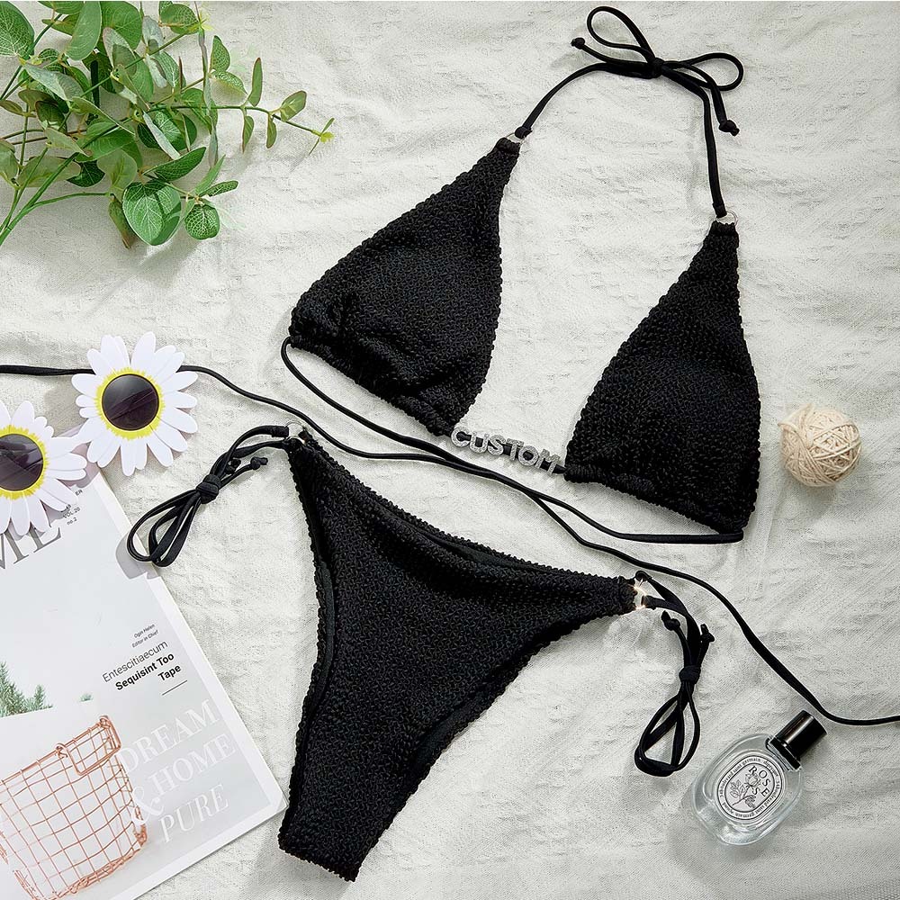 Custom Name Waist Band Halter Triangle Tie Side Bikini Sets Personalized DIY Crystal Letters Bikini - PhotoBoxer