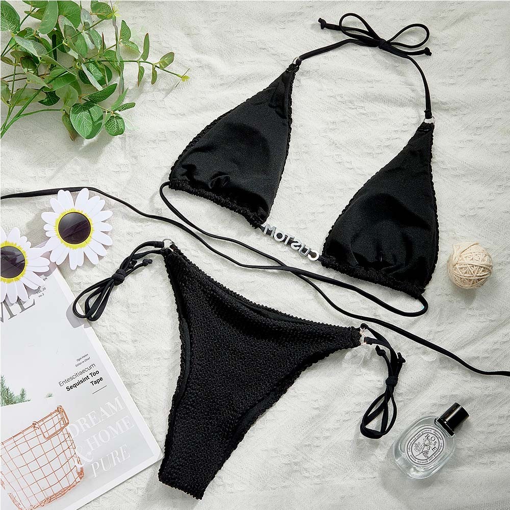 Custom Name Waist Band Halter Triangle Tie Side Bikini Sets Personalized DIY Crystal Letters Bikini - PhotoBoxer