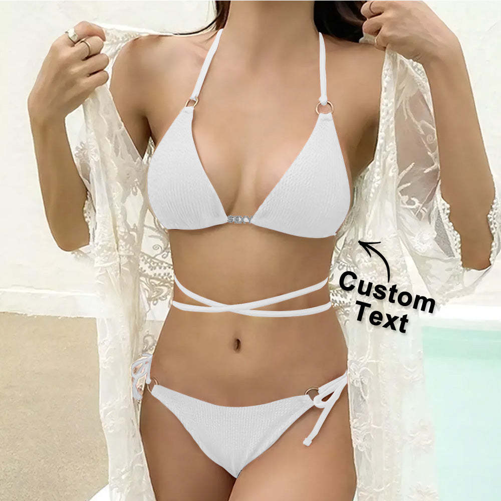 Custom Name Waist Band Halter Triangle Tie Side Bikini Sets Personalized DIY Crystal Letters Bikini - PhotoBoxer
