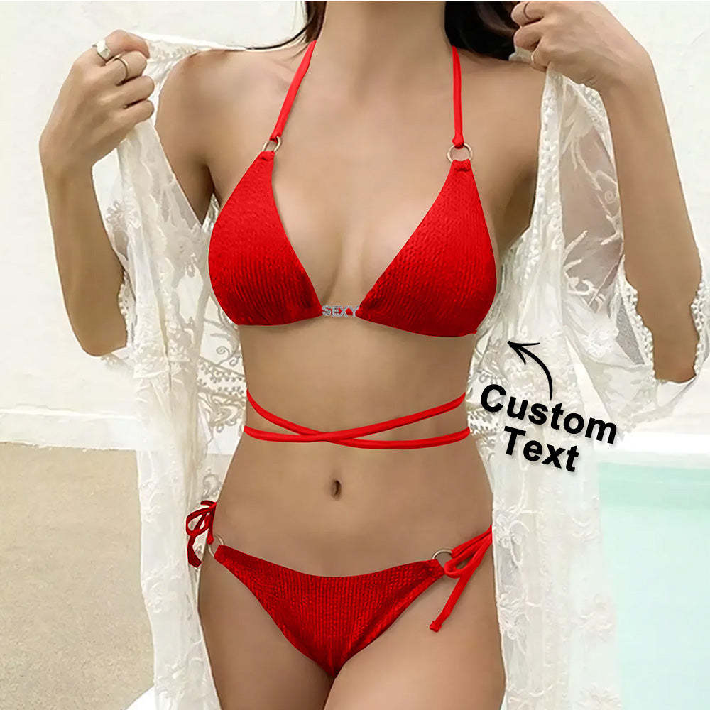 Custom Name Waist Band Halter Triangle Tie Side Bikini Sets Personalized DIY Crystal Letters Bikini - PhotoBoxer