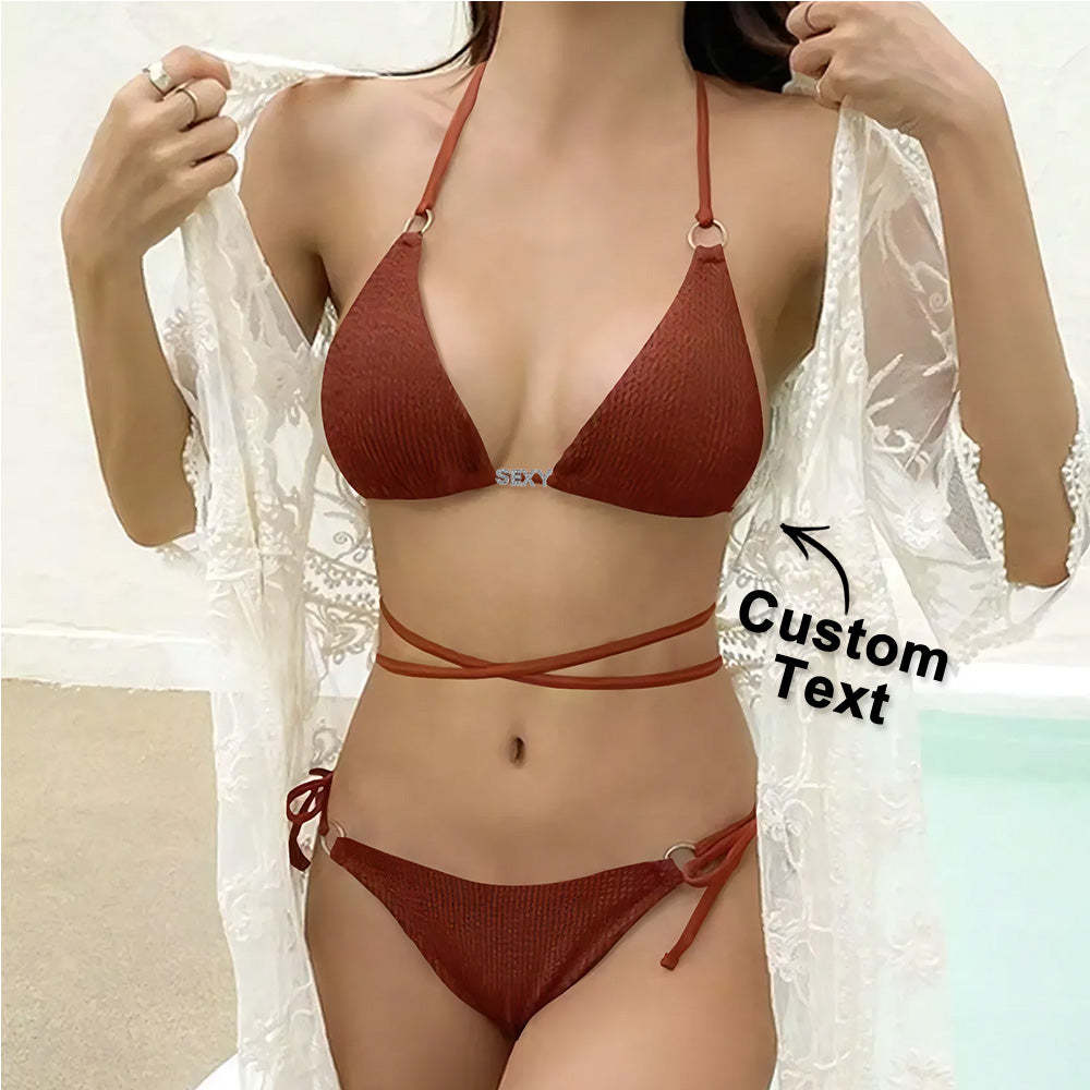 Custom Name Waist Band Halter Triangle Tie Side Bikini Sets Personalized DIY Crystal Letters Bikini - PhotoBoxer