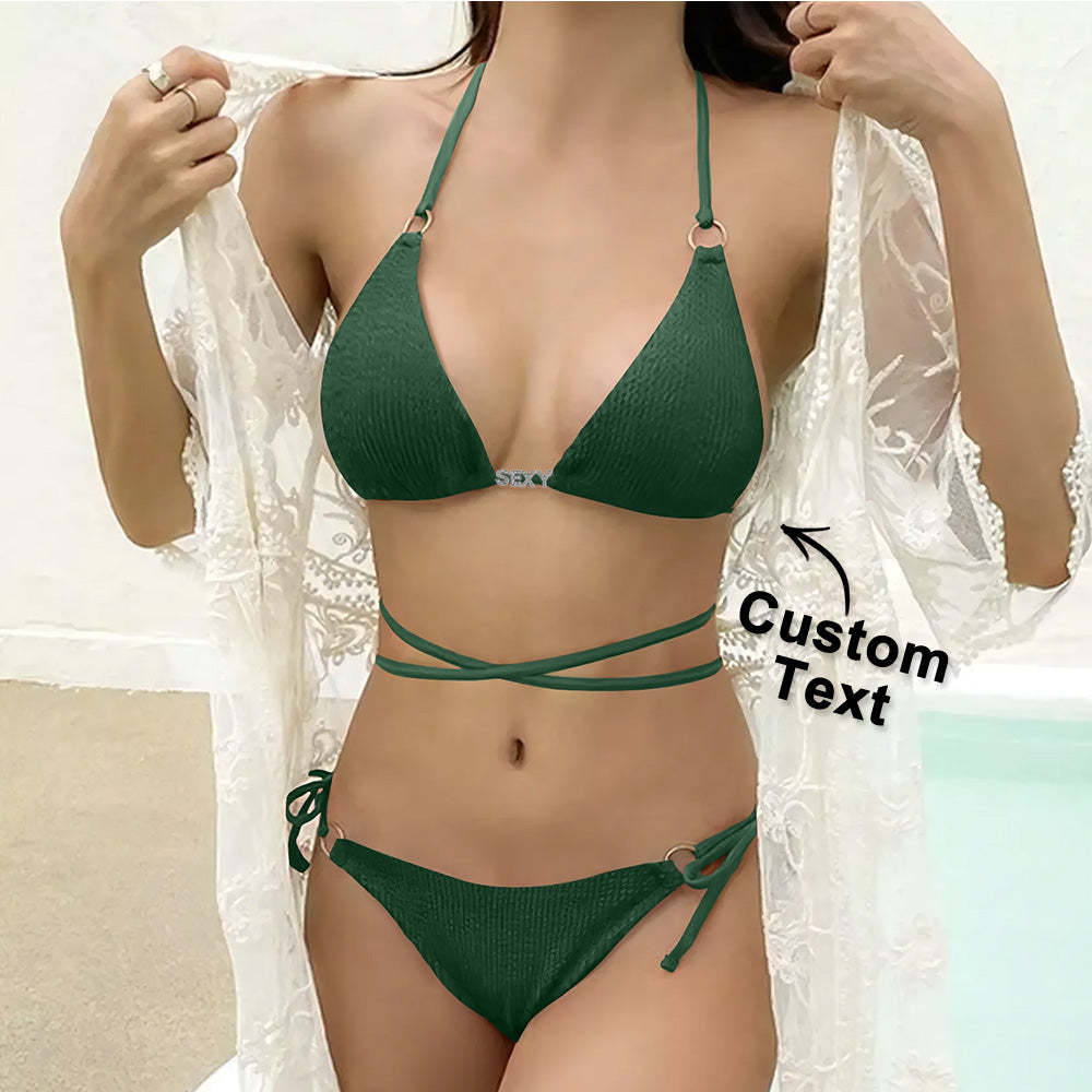 Custom Name Waist Band Halter Triangle Tie Side Bikini Sets Personalized DIY Crystal Letters Bikini - PhotoBoxer