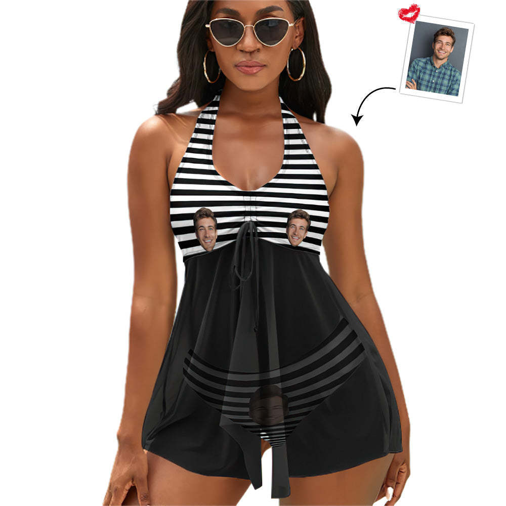 Custom Face Boyfriend Women's Strappy Neck Dress Swimsuit - Stripe
