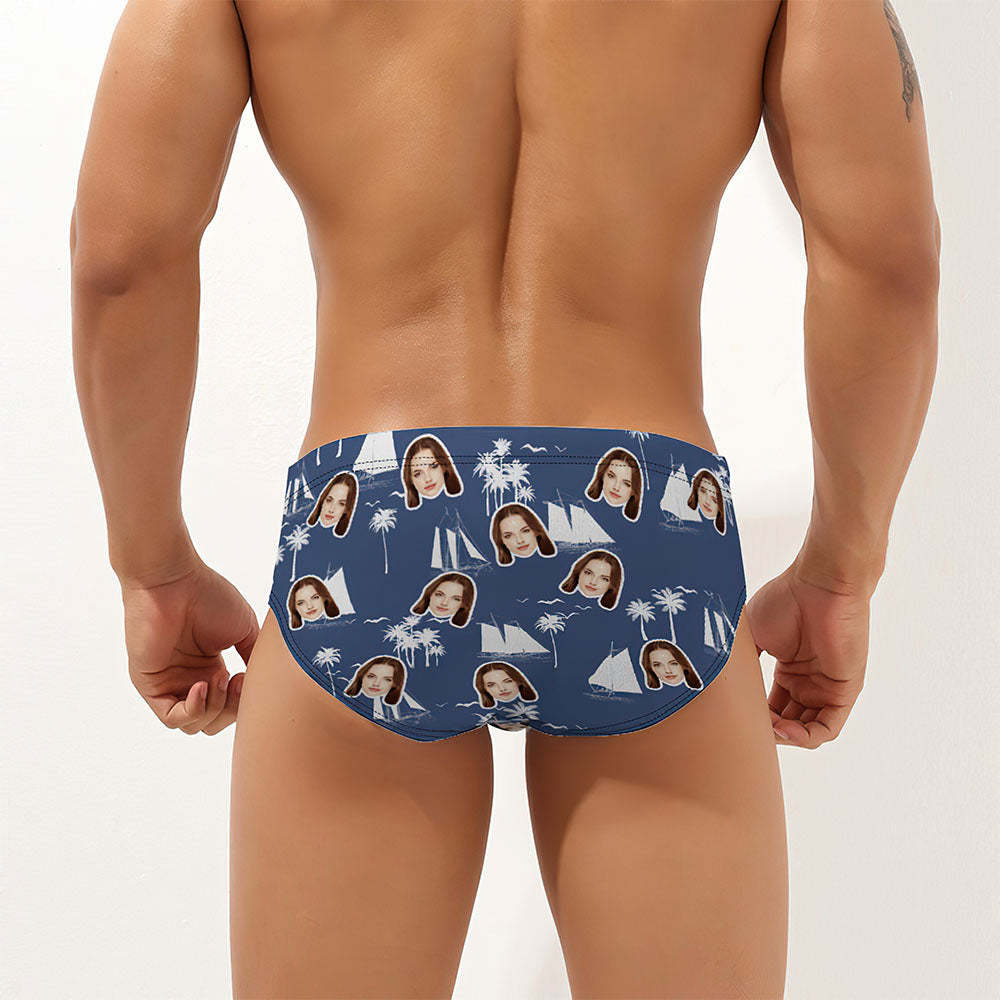 Custom Face Blue Swimming Trunks Personalized Coconut Tree Swimwear For Men Swim Briefs - PhotoBoxer