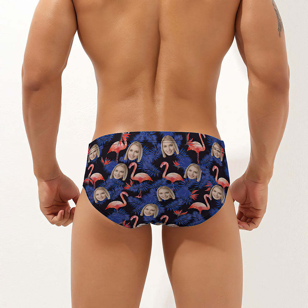 Custom Face Men's Swimming Trunks Personalized Random Flamingo & Tropical Print Swim Briefs - PhotoBoxer