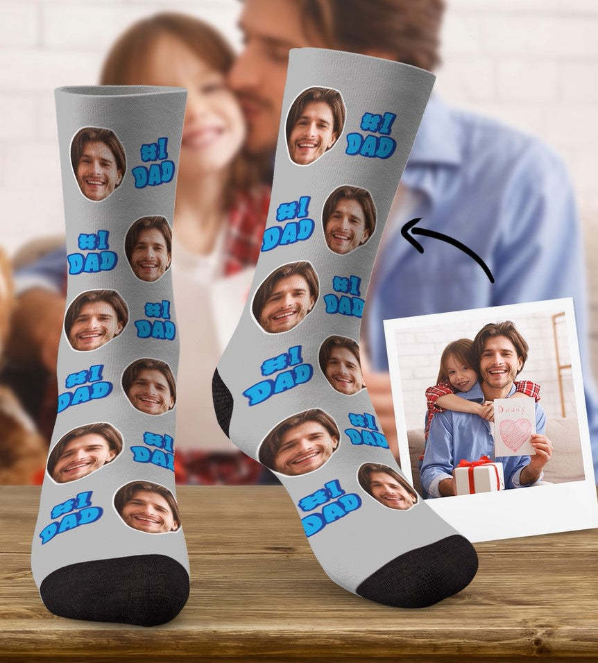 Custom Dad Face Sock Personalized Father's Day Gift - #1 DAD - PhotoBoxer