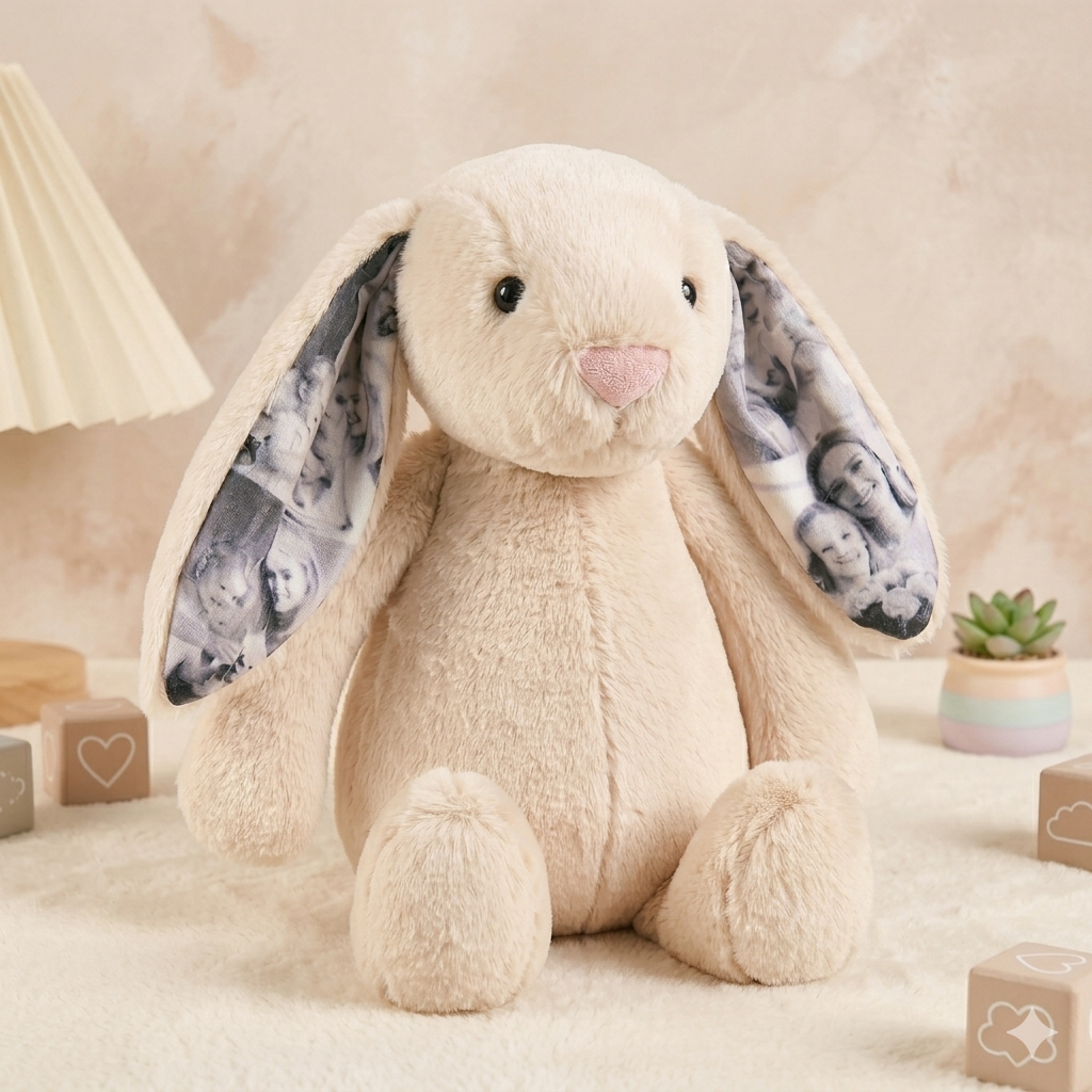 Custom Photo Bunny Plush Personalized Hidden Ear Picture Bunny Gift for Couples Anniversary - PhotoBoxer