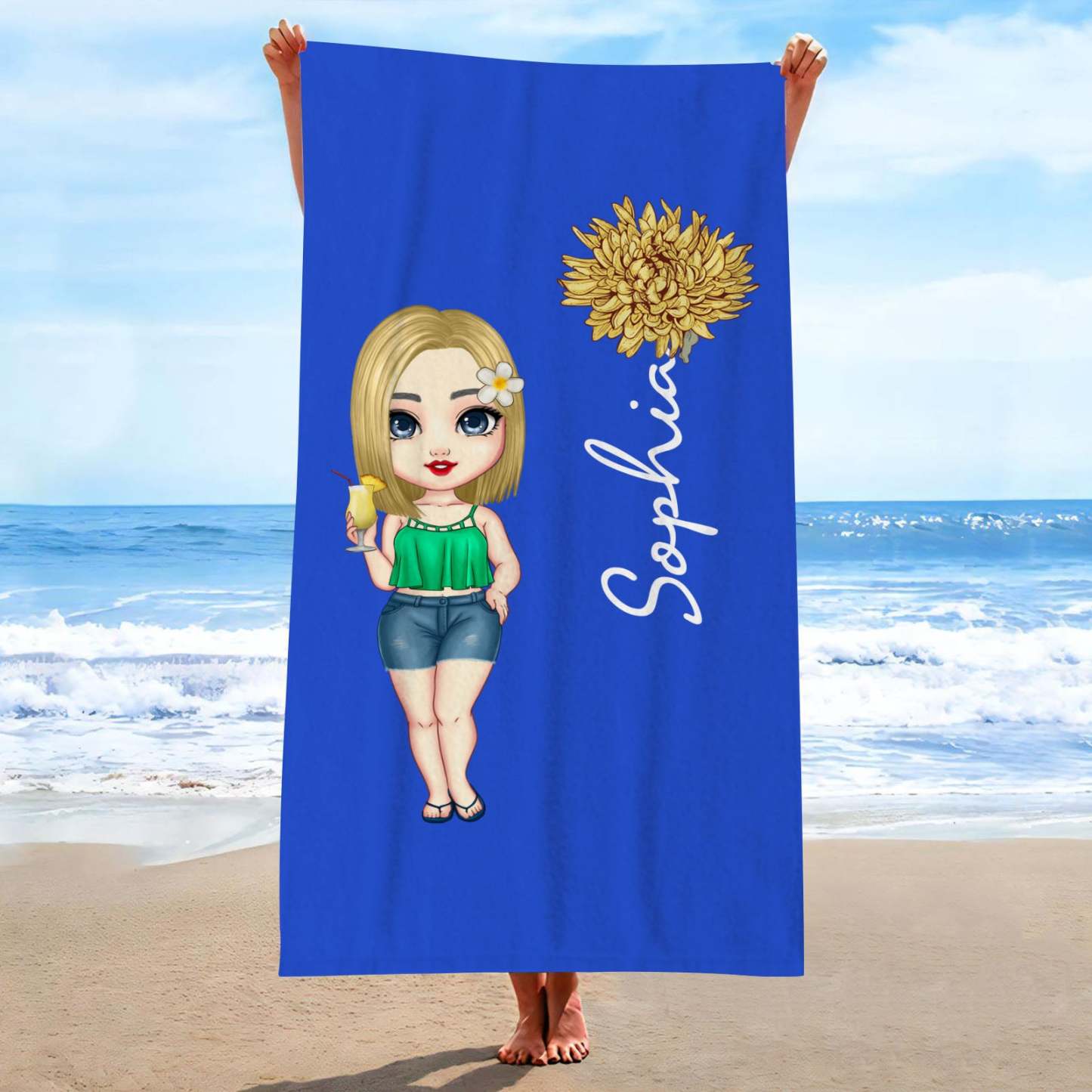Custom Cartoon Women Girl Birth Flower Multicolor Beach Towel Personalized Name Vacation Beach Towel Gift for Friend - PhotoBoxer