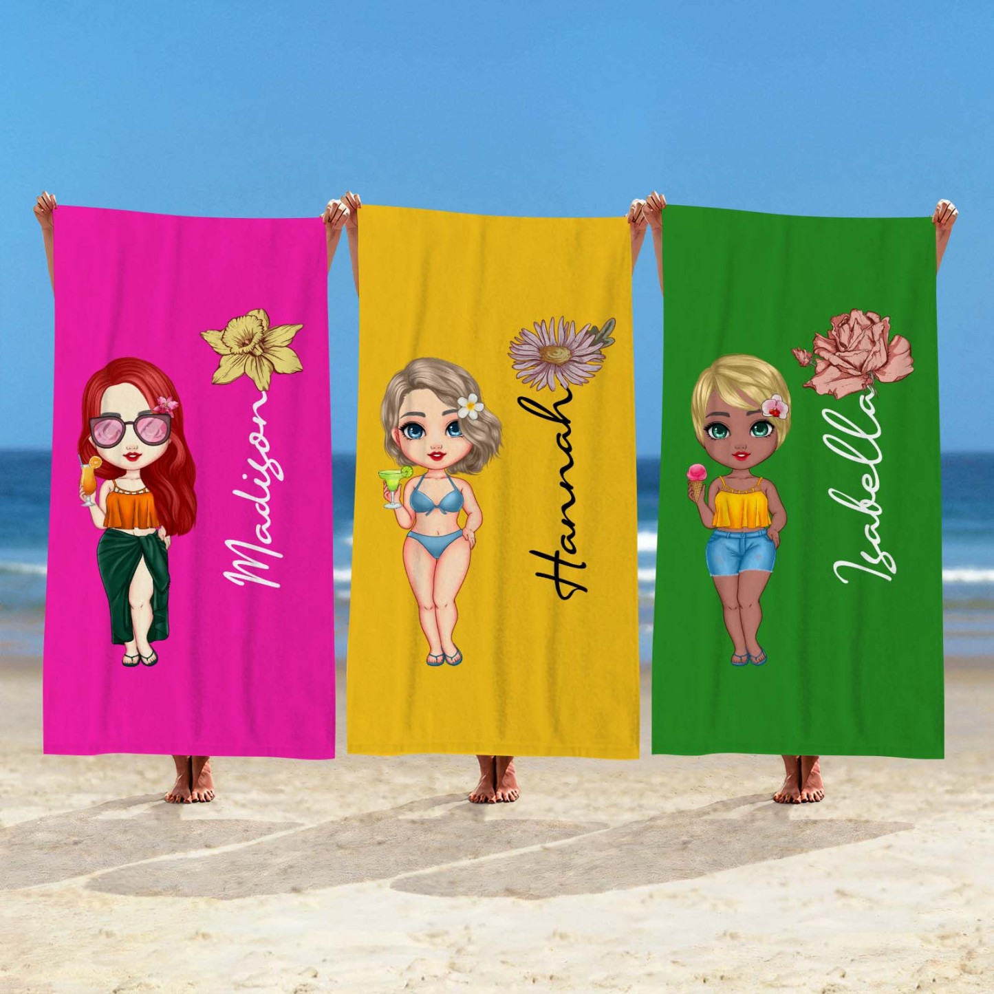 Custom Cartoon Women Girl Birth Flower Multicolor Beach Towel Personalized Name Vacation Beach Towel Gift for Friend - PhotoBoxer