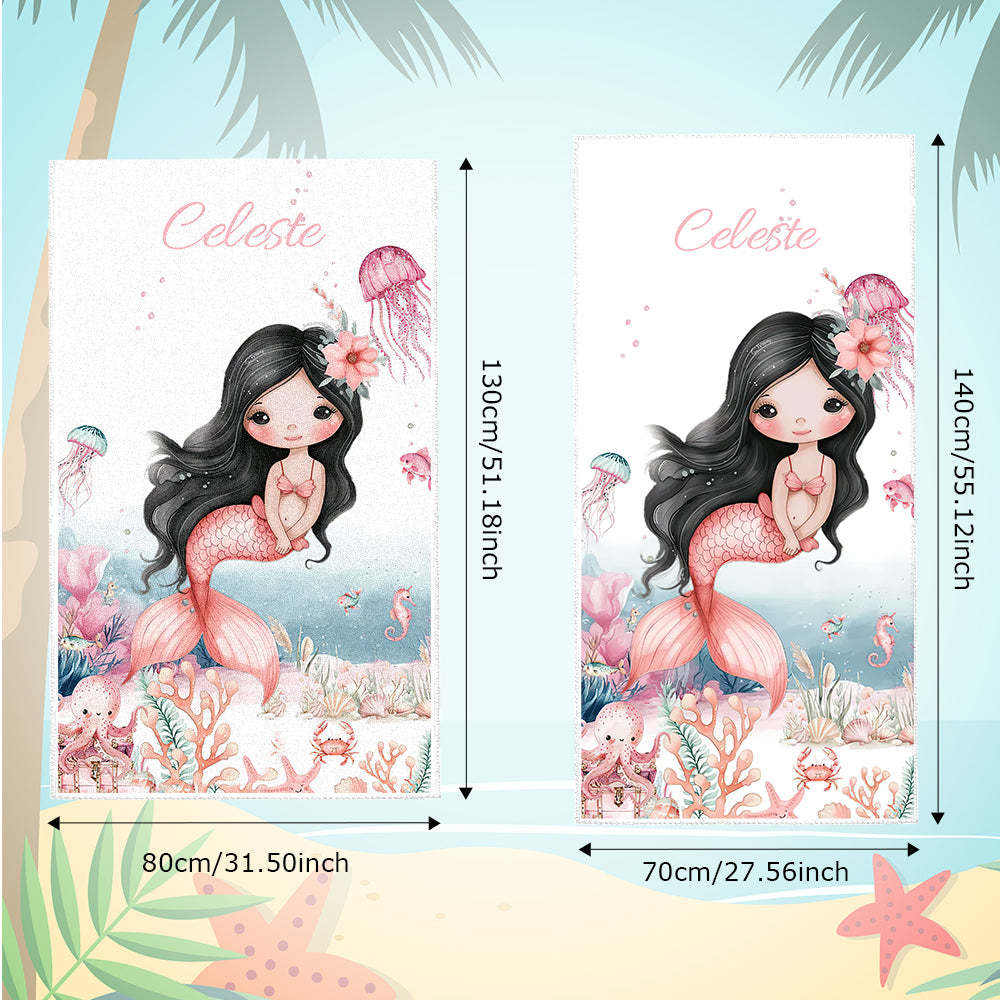 Personalized Cute Mermaid Beach Towel with Name Beach Vacation Accessories Gift for Girl - PhotoBoxer