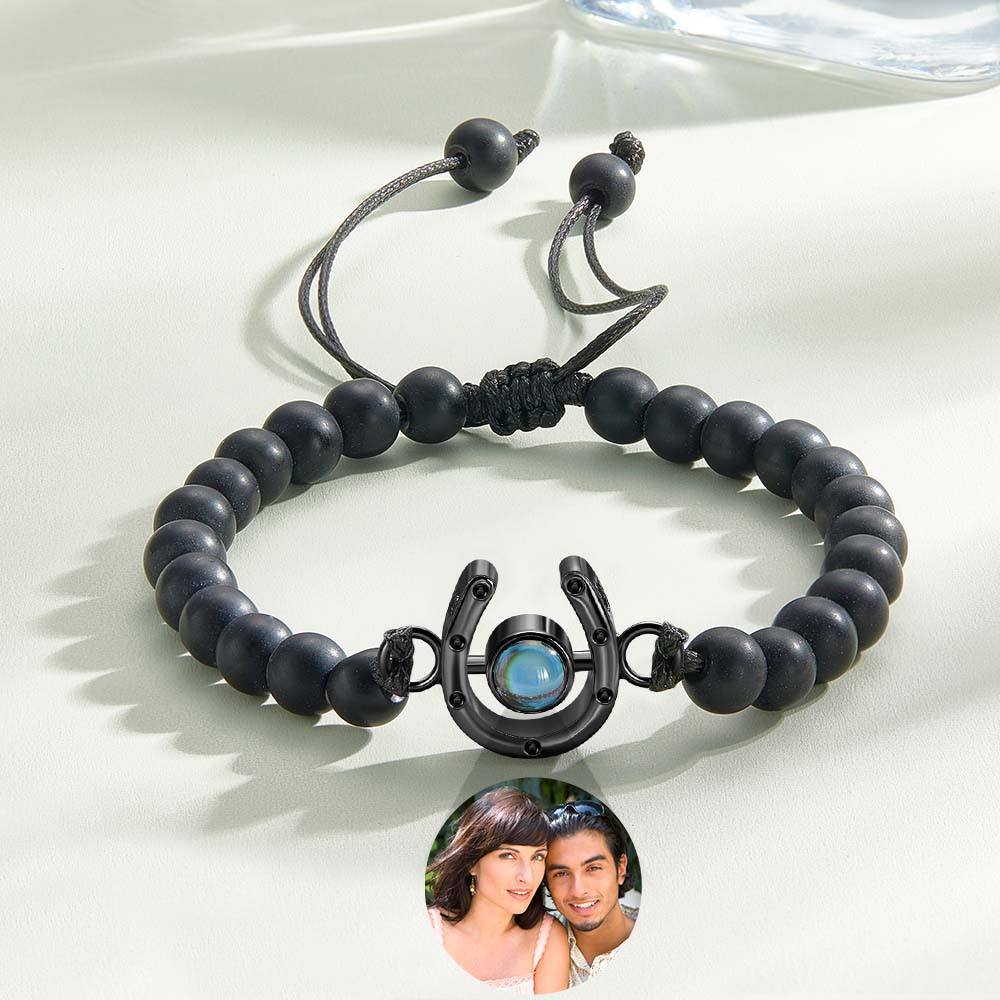 Personalized Horseshoe Charm Photo Projection Beads Bracelet Gift for Horse Lovers - PhotoBoxer