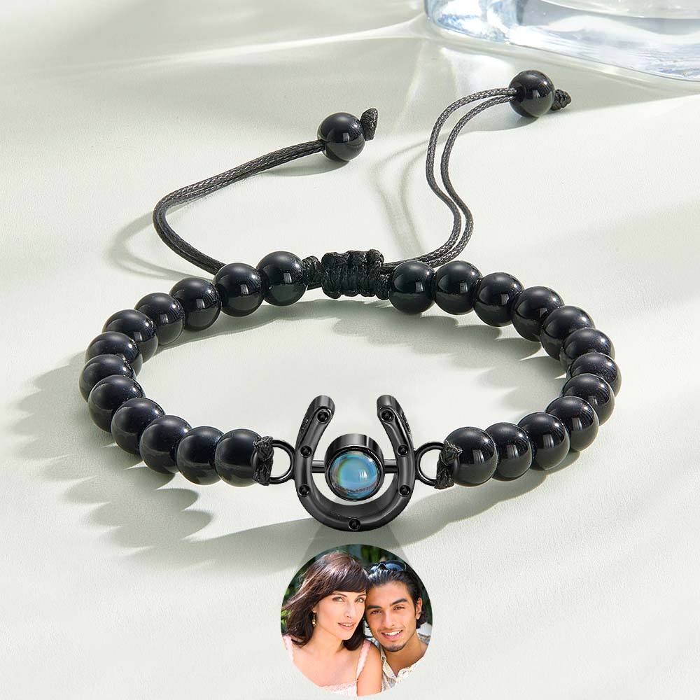 Personalized Horseshoe Charm Photo Projection Beads Bracelet Gift for Horse Lovers - PhotoBoxer